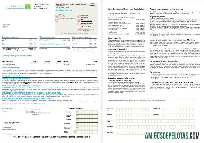 Extrato de hipoteca do banco comercial dos Emirados Árabes Unidos em formatos Word e PDF, 2 páginas amostra